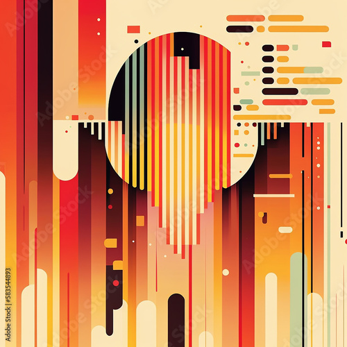 Big data abstract visualization background in retro style of the 70s. Bright and warm color palette, shades of orange, yellow, green and pale blue. Generative AI