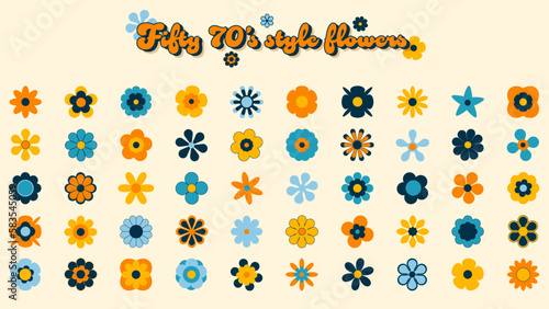 Set of cute retro 70's style florals. Flowers in blue, teal, yellow and orange. Funky design elements.