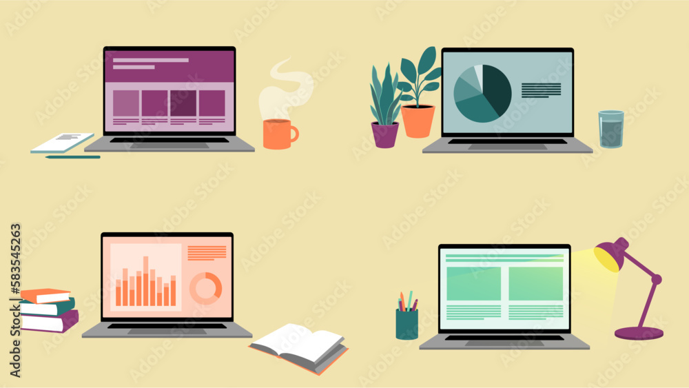 Set of laptops, work and study space with plants, lamp, books, coffee and notepad. Set of laptops, work and study space with plants, lamp, books, coffee and notepad.