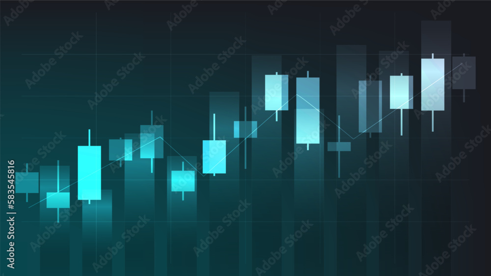 Financial business statistics with bar graph and candlestick chart show stock market price on dark green background Financial business statistics with bar graph and candlestick chart show stock market price on dark green background