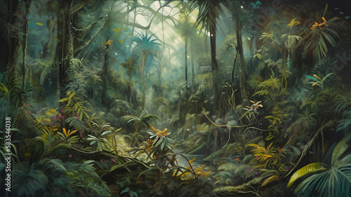 dreamy fantasy deep jungle lush vegetation and flowers , generative ai