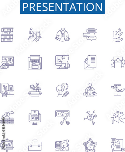 Presentation line icons signs set. Design collection of Presentation, Speech, Talk, Slideshow, Demonstration, Address, Lecture, Summary outline concept vector illustrations