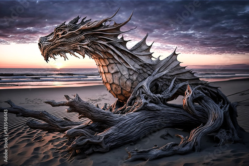 A: A dragon was seen drifting on a beach at sunset - generative ai. © Exuberation 
