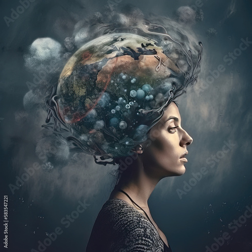 Woman with the world on her head. Concept of weight of the world on her - generative ai