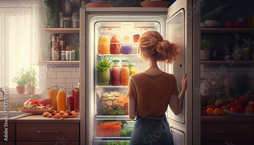 Young woman standing near open fridge full of healthy food, vegetables and fruits. Generative Ai