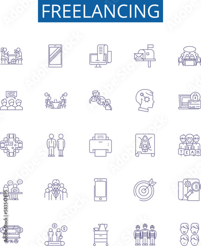 Freelancing line icons signs set. Design collection of Outsourcing, Freelance, Independent contractor, Self employed, Consulting, Online jobs, Remote work, Gig outline concept vector illustrations