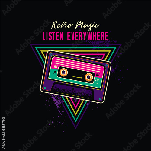 Vintage music cassette with magnetic film in neon style. Original vector illustration. T-shirt design, design element.