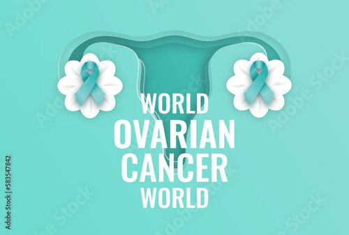 World Ovarian Cancer Day design with Teal ribbon illustration. Woman reproduction awareness photo