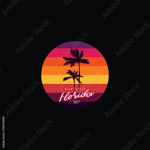 Vintage round sunset in the style of the 80s. Vector background. A design element.
