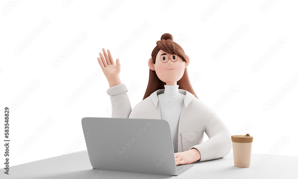 Young professional business woman office worker sitting at desk working on laptop in office.3d illustration. Young professional business woman office worker sitting at desk working on laptop in office.3d illustration.