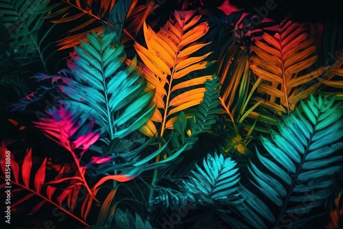 Creative fluorescent color layout made of tropical leaves. Flat lay neon colors. Nature concept. , Generative AI © abstract Art