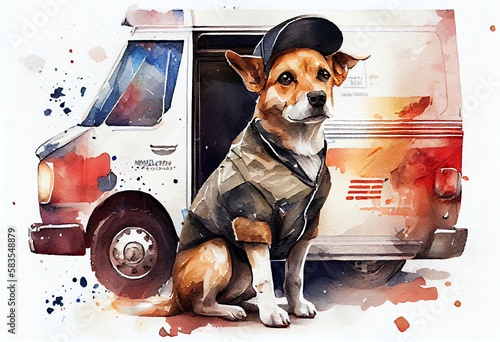 Watercolor Illustration of a Dog As A Postal Worker, Concept Of Postal Delivery And Pet Care,. Generative AI