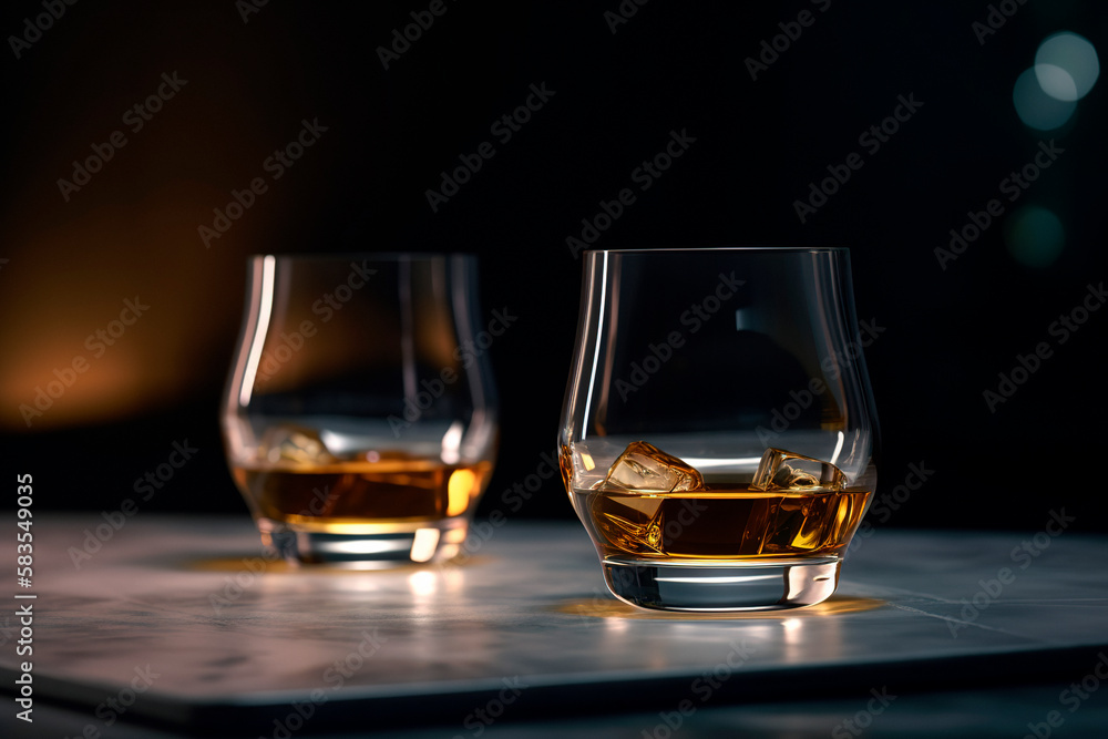 whiskey and two glasses on light wooden table dark background. Generative ai