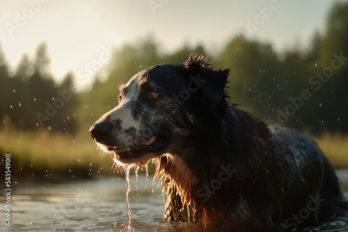 A wet dog shakes water off his body  Generative AI