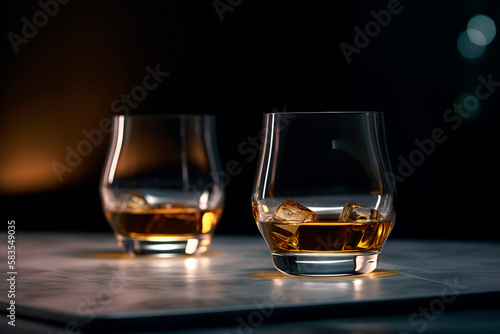 whiskey and two glasses on light wooden table dark background. Generative ai