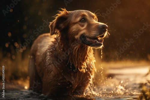 A wet dog shakes water off his body, Generative AI