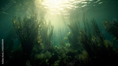 Seaweed under water rays of light. Generative ai
