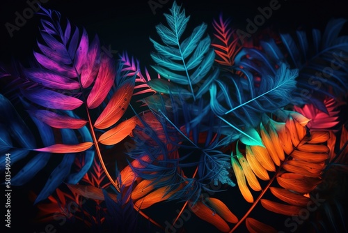 Creative fluorescent color layout made of tropical leaves. Flat lay neon colors. Nature concept. , Generative AI