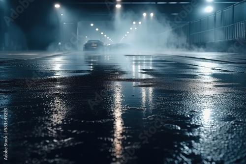 Dark street, wet asphalt, reflections of rays in the water. Abstract dark blue background, smoke, smog. Empty dark scene, neon light, spotlights. Concrete floor, Generative AI
