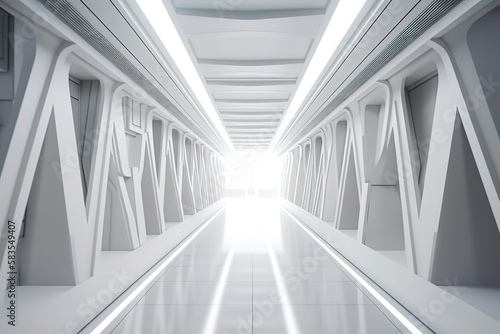Empty Long Light Corridor. Modern white background. Futuristic Sci - Fi Triangle Tunnel. 3D Rendering  Generative AI