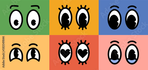 Cartoon retro character comic eyes emotions set on colored backgrounds. Vector illustration