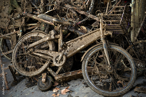 A bicycle spotted in the bottom of a river, among other trash, during a day dedicated to the environment. (Lyon - France)