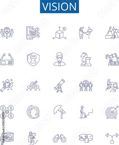 Vision line icons signs set. Design collection of Perception, Gaze, Imagination, Outlook, Sight, Prospect, Observation, Discernment outline concept vector illustrations