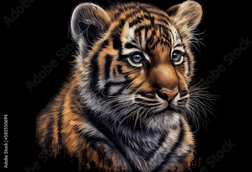 Watercolor Illustration of a Portrait Of A Young Tiger  Baby Tiger Head On Black Background. Image. Generative AI