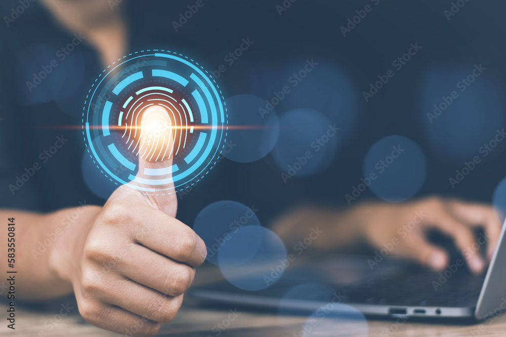 cyber security concept, man's hand scanning finger to go online to access information both accessing the system document storage Banking including online shopping This method is highly secure. cyber security concept, man's hand scanning finger to go online to access information both accessing the system document storage Banking including online shopping This method is highly secure.