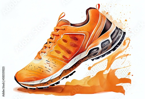 Watercolor Illustration of a Sport Shoes, Orange Color Pair Of Running Sneakers Isolated On White Background. Generative AI