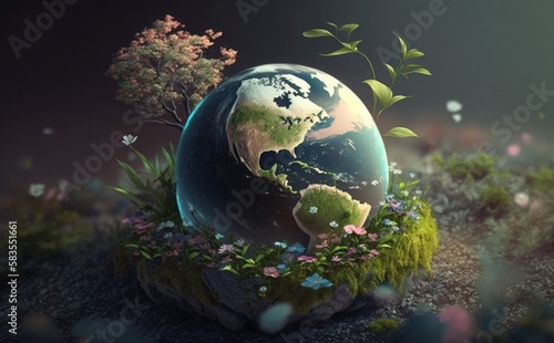 Globe in Green Forest Environment Concept with tree  nature and earth day concept background