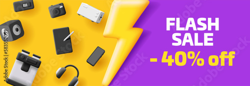 Gadget and kitchenware sale banner with 3d illustrations of smart devices and firebolt