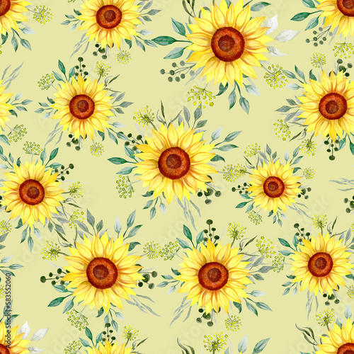 Seamless floral pattern-235. Sunflowers on a yellow background 2, hand drawn watercolour illustration.