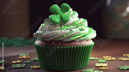 A cupcake with a shamrock on it photo