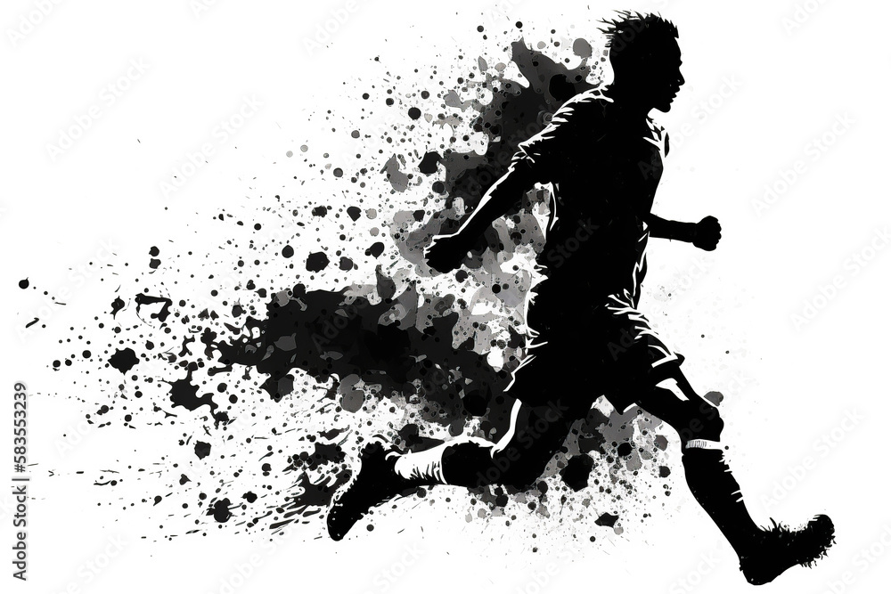 Soccer player silhouette in motion in black and white colors. Genertaive AI.