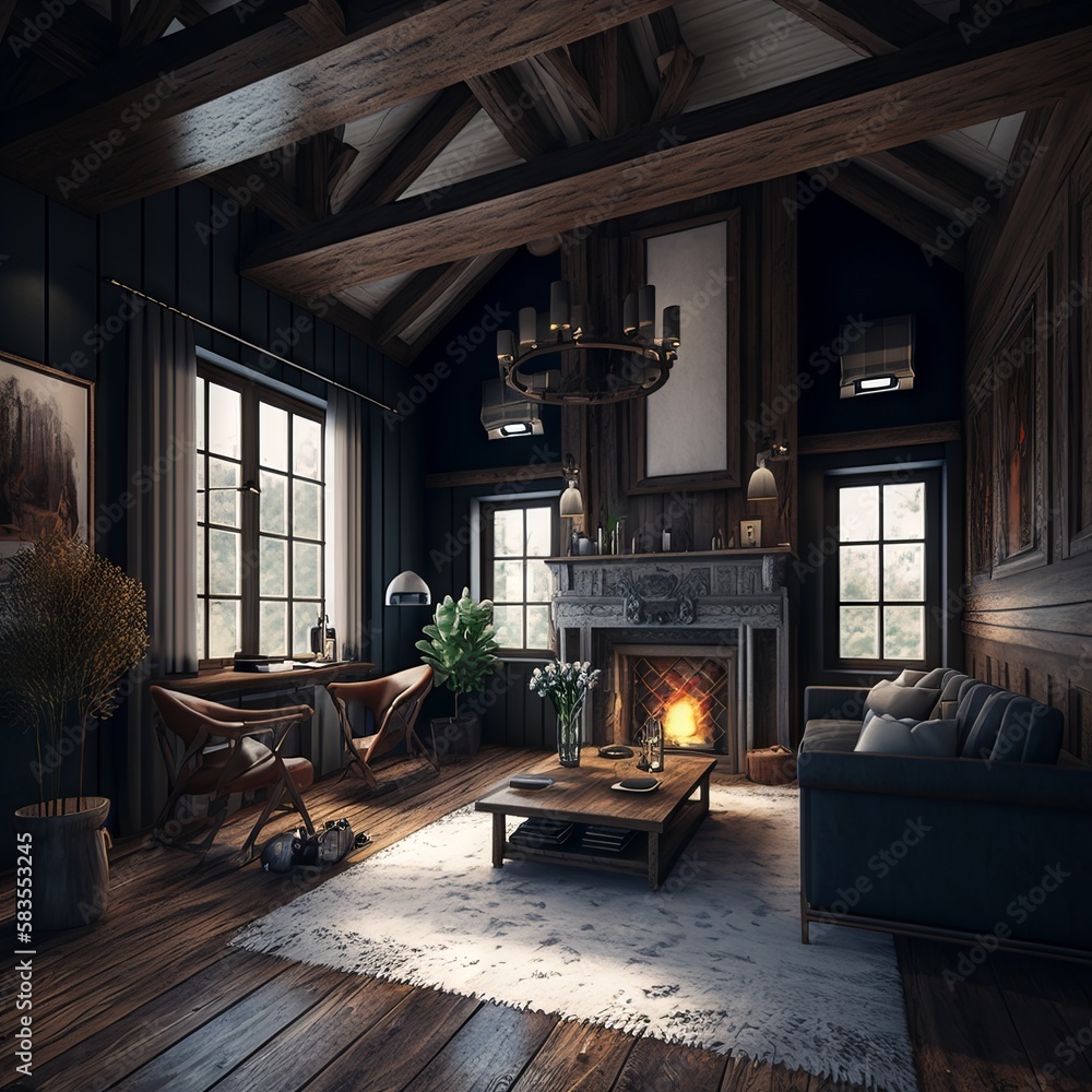 living room with fireplace Generative AI living room with fireplace Generative AI
