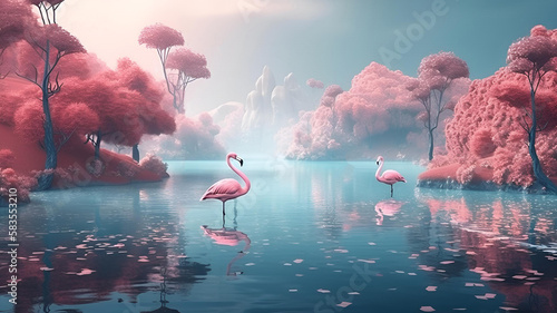 pink flamingos in the fantasy lake , landscape , generative ai photo