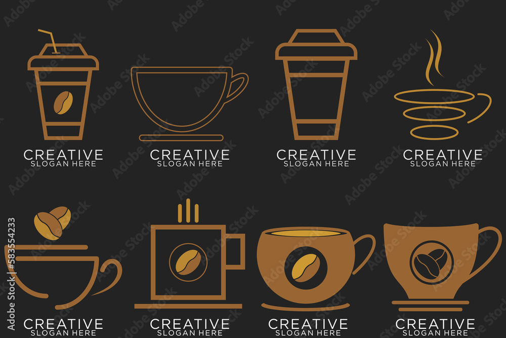 Set of coffee shop gold logo design collection with modern emblem shape Premium vector