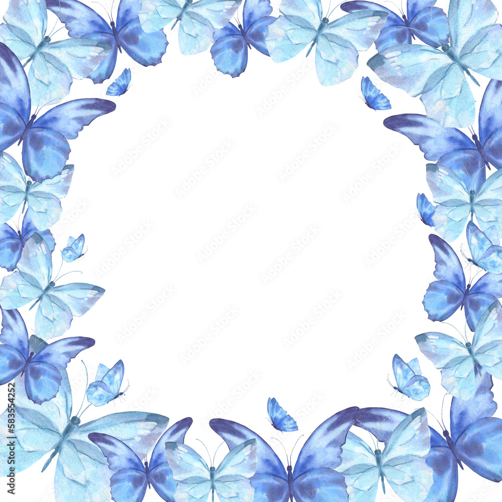 Frame of delicate blue butterflies. Watercolor illustration. Ready-made watercolor illustration for postcards, flyers, invitations. Frame of delicate blue butterflies. Watercolor illustration. Ready-made watercolor illustration for postcards, flyers, invitations.