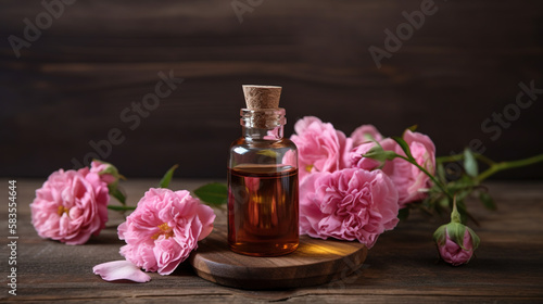Essential oil bottle and roses. Ai