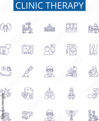 Clinic therapy line icons signs set. Design collection of Therapy, Clinic, Psychotherapy, Reiki, Counselling, Acupuncture, Naturopathy, Chiropractic outline concept vector illustrations