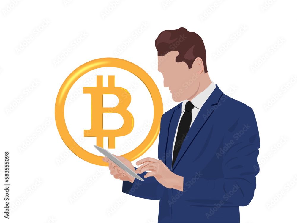 Manager. Portrait of a happy business man holding tablet computer. He needs to buy or sell virtual currency Bitcoin. Sales man working using her digital pad. Businessman working on-line. Manager. Portrait of a happy business man holding tablet computer. He needs to buy or sell virtual currency Bitcoin. Sales man working using her digital pad. Businessman working on-line.