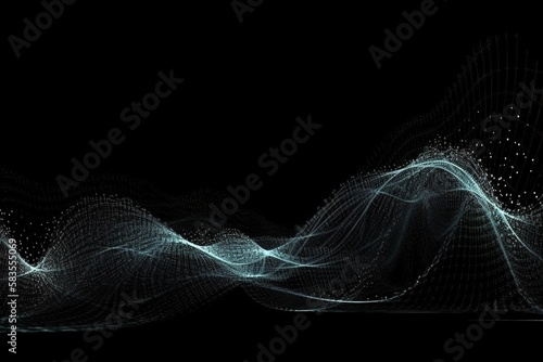 Imitation an abstract wave on dark background. Network Design with Particle. Big data. Abstract bright shine in black space. 3D rendering. , Generative AI