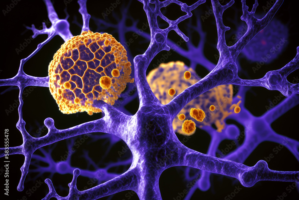 Alzheimer's and dementia disease amyloid plaques forming between