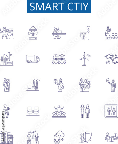 Smart ctiy line icons signs set. Design collection of Smart, City, IoT, Automation, Surveillance, Connected, Infrastructure, Sustainability outline concept vector illustrations photo