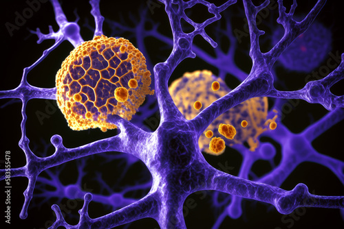 Alzheimer's and dementia disease: amyloid plaques forming between neurons. Illustration showing amyloid plaques in brain, distruction of neuronal networks. Generative AI.