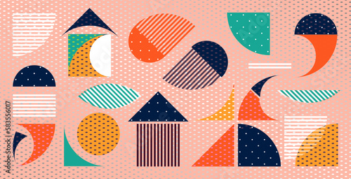 Geometric pattern. A set of diverse shapes on a creative blue background covered with a gradient mesh of light ovals. Abstract design for advertising, web banner, business and wallpaper.