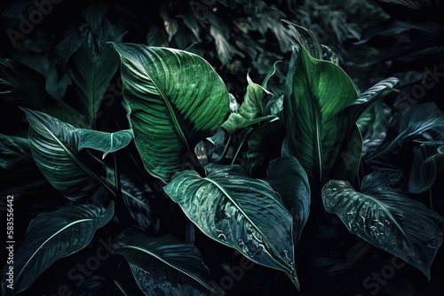 Leaves of Spathiphyllum cannifolium in the garden  abstract green texture  nature dark tone background  tropical leaf  Generative AI