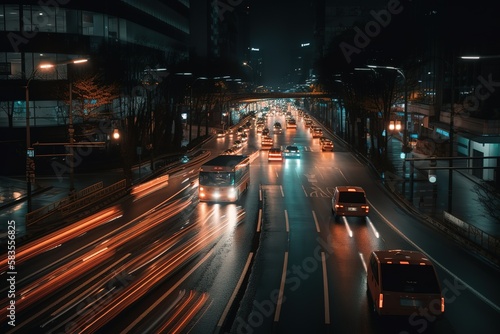 Light Trails On Highway At Night, Generative AI