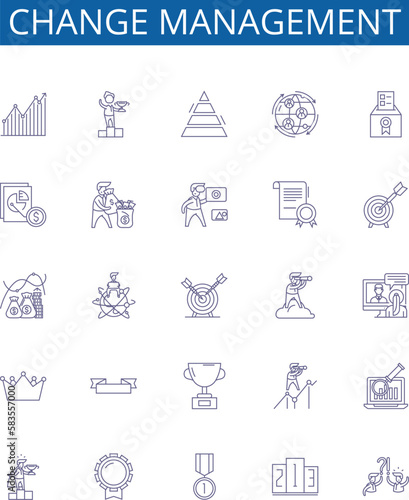 Change management line icons signs set. Design collection of Transformation, Agility, Transition, Adaptation, Revision, Modification, Improvement, Reinvention outline concept vector illustrations